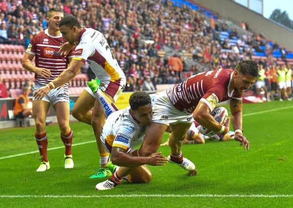 Wigan Warriors' Anthony Gelling scores his team's first try

Betfred Super League match at the DW Stadium Stadium, Wigan. (Picture: Dave Howarth/RL Photos)