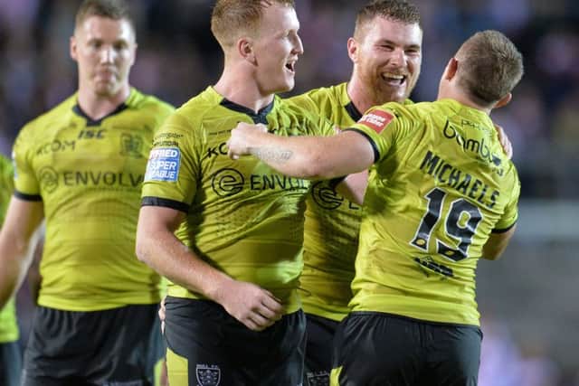 Hull FC players celebrate at the end of the game (Picture:: RLPIX.COM)
