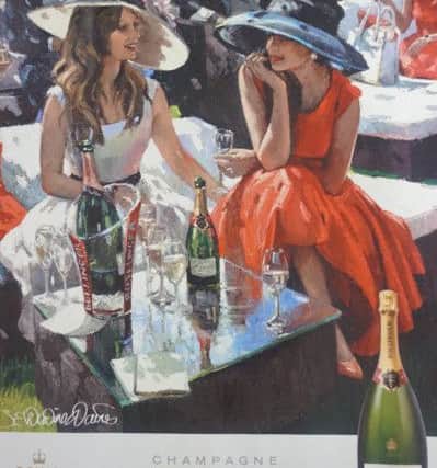 The Bolliger advertisement created from a photograph of two race-goers wearing Jenny Roberts Millinery hats.