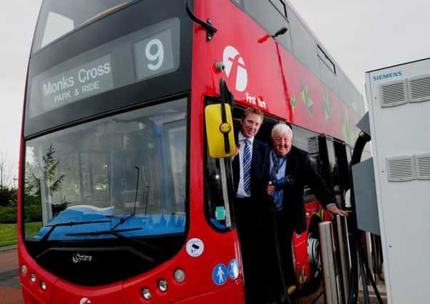 Clean Air: Coun Ian Gillies and Mark Bichtemann from First York, at the launch of the electrc double decker at Yorks Monks Cross Park and Ride. Picture: Simon Hulme.