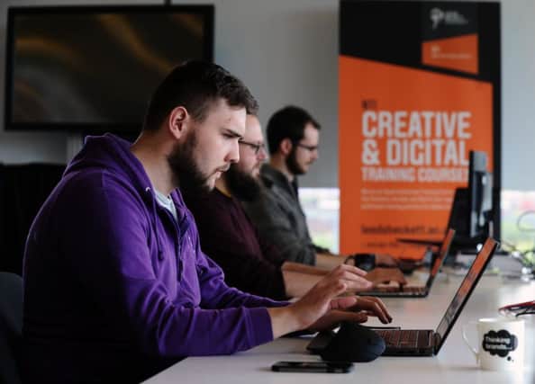 Leeds Digital Hub, a partnership between Yorkshire Post and Leeds Beckett University. From left, Connor Kirby, Paul Richards and Steve Boyle. 26th April 2017. Picture Jonathan Gawthorpe