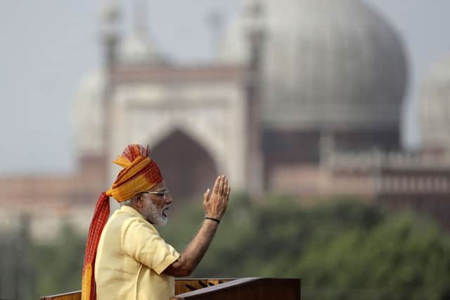 Indian Prime Minister Narendra Modi addresses the nation on the country's Independence Day from the ramparts of the historical Red Fort in New Delhi, India, Tuesday, Aug. 15, 2017. (AP Photo/Manish Swarup)