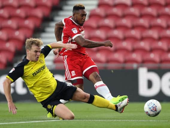 Record signing Britt Assombolonga smashes in his first for the club to give Middlesbrough the lead (Photo: PA)