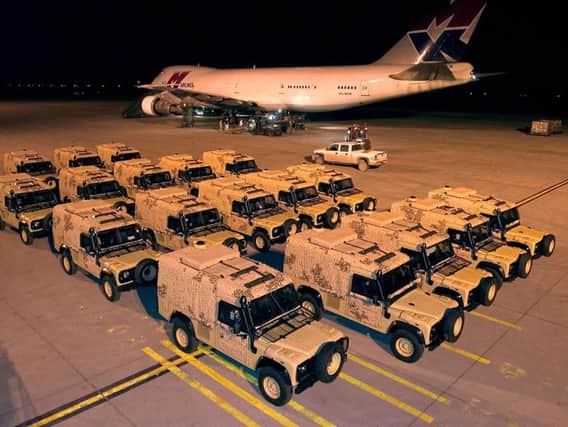 Army handout photo of 18 brand new Land Rover 'Snatch' Mk II Armoured Vehicles, after being unloaded from a chartered Boeing 747 cargo plane at Basra Air Station, Iraq. The Defence Secretary has apologised to the families of British soldiers killed in Iraq while travelling in lightly armoured Snatch Land Rovers.