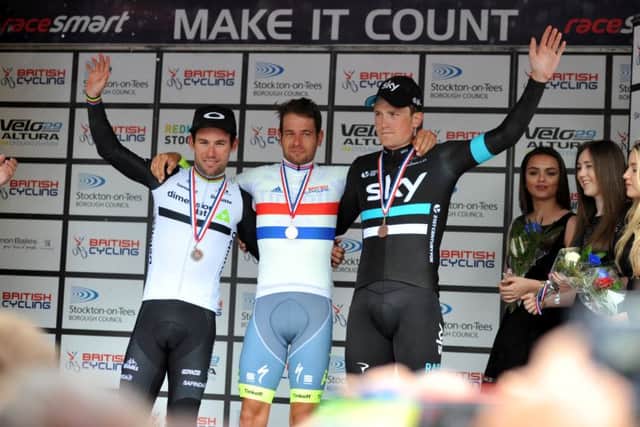 Adam Blythe (centre) on the podium after beating Mark Cavendish (left) to the British road race title in 2016. (Picture: Tom Collins)