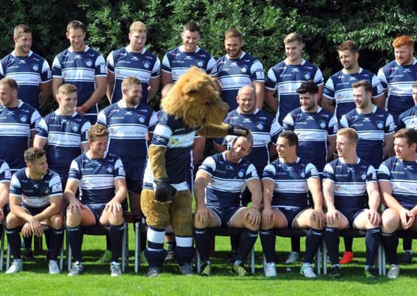 Yorkshire Carnegie mascot Terry the Terrier larks around at the team's photocall. Picture Tony Johnson.