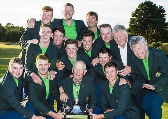 Ireland with the trophy after defending their men's Home Internationals title at Moortown (Picture: Leaderboard Photography).