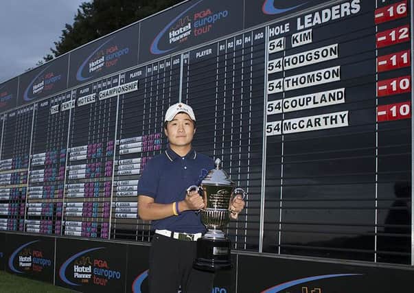 Min Kyu Kim with the Pentahotels Championship trophy (Picture: HotelPlanner.com PGA EuroPro Tour).