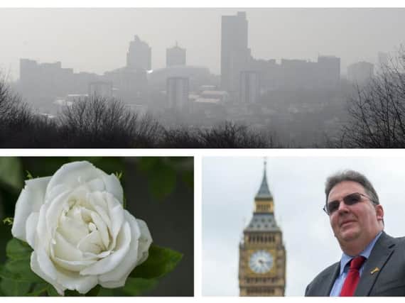 Tom Richmond with the Leeds skyline and the white rose of Yorkshire.