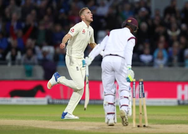 Stuart Broad wheels away after dismissing the West Indies batsman Shane Dowrich in the first day-night Test played in this country, at Edgbaston. It took Broad to 384 Test wickets for England, one more than his boyhood hero and now occasional mentor Sir Ian Botham (Picture: David Davies/PA Wire).