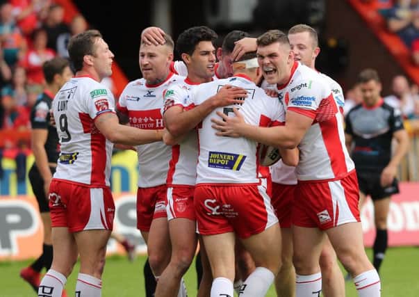 Hull KR's players celebrate the victory over London Broncos (Picture: Tony Foster)