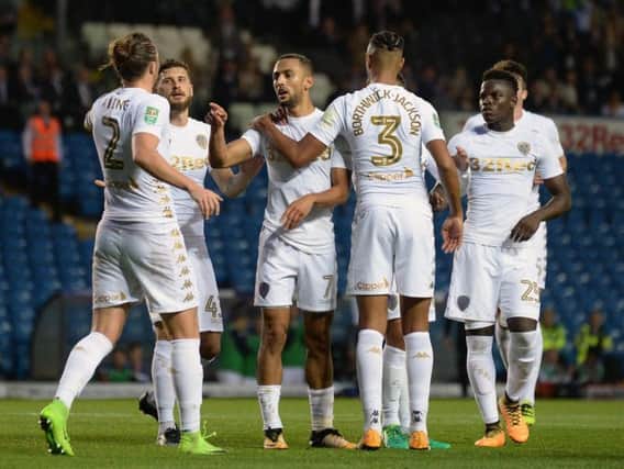 Leeds United celebrate Kemar Roofe's equaliser on the stroke of half-time