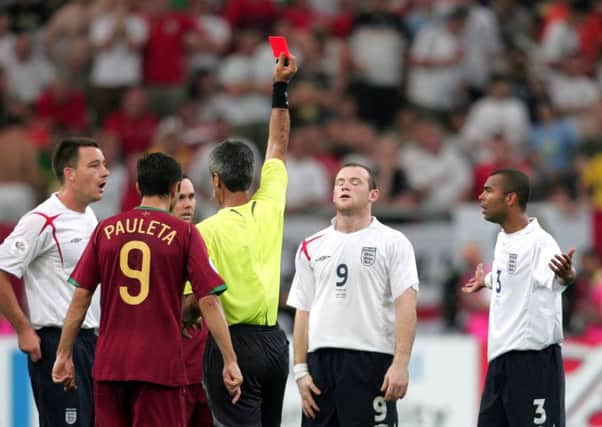 Wayne Rooney is sent off against Portugal at the 2006 World Cup. The Everton striker has today announced his retirement from international football. Picture: Martin Rickett/PA.