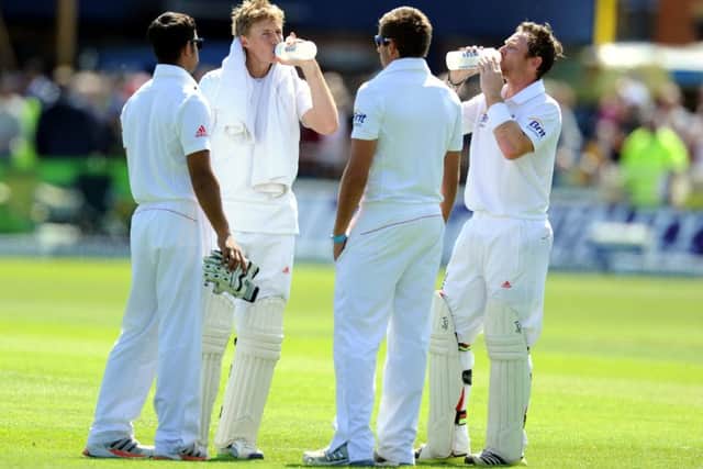TAKE A BREAK: Joe Root refreshes himself on his way to his maiden test hundred against New Zealand at headingley back in 2013. Picture: Owen Humphreys/PA