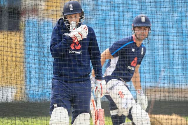 KNOCKING UP: England's Joe Root and Alastair Cook spend time in the nets at Headingley on Thursday. Picture: Danny Lawson/PA