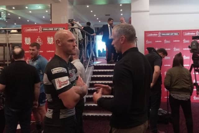 Gareth Ellis and Jamie Peacock enjoy a few words at the Challenge Cup Final media day at Headingley earlier this week. Picture: Dave Craven.