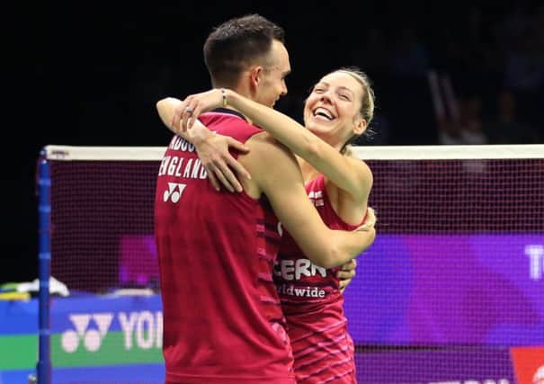 England's Chris and Gabby Adcock celebrate winning their mixed doubles quarter final match during day five of the 2017 BWF World Championships at the Emirates Arena, Glasgow. (Picture: Jane Barlow/PA Wire)