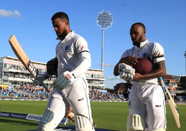 West Indies not out batsmen Shai Hope (left) and Jermaine Blackwood at the end of during day two of the the second Investec Test match at Headingley, Leeds.(Picture: PA)