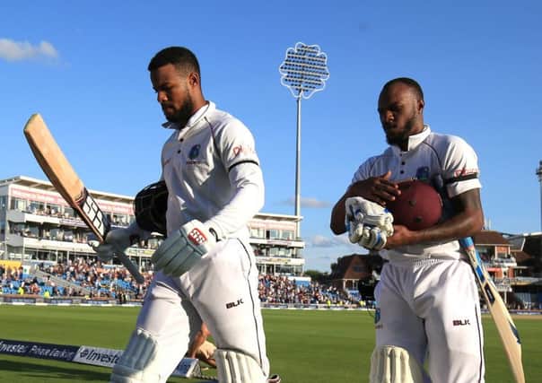 In control: West Indies batsmen Shai Hope, left, and Jermaine Blackwood at the end of day two at Headingley.