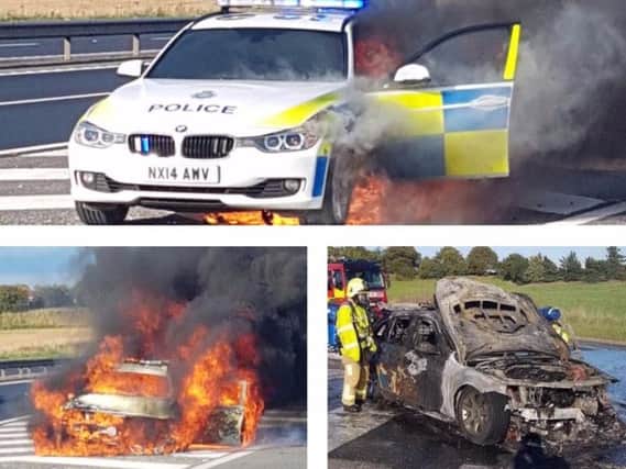 The car was engulfed in flames after an engine failure. Pictures: Sgt Paul Cording, North Yorkshire Police.