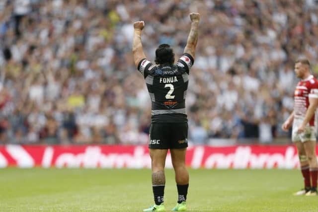 Hull FC's Mahe Fonua celebrates at the end of the Ladbrokes Challenge Cup Final at Wembley Stadium, London. PRESS ASSOCIATION Photo. Picture date: Saturday August 26, 2017. See PA story RUGBYL Final. Photo credit should read: Paul Harding/PA Wire. RESTRICTIONS: Editorial use only. No commercial use. No false commercial association. No video emulation. No manipulation of images.