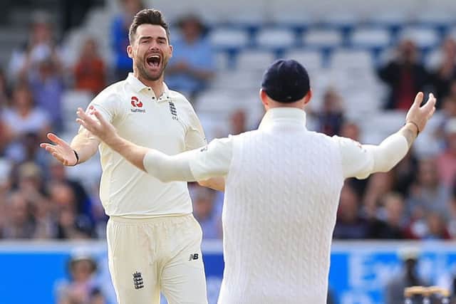 England's James Anderson celebrates after taking the wicket of West Indies Shane Dowrich.