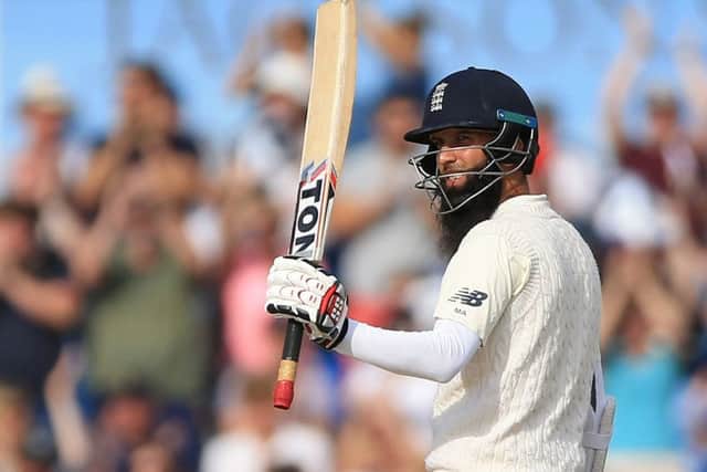 England's Moeen Ali reaches his half century. Picture: Nigel French/PA