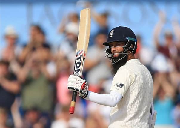 England's Moeen Ali reaches his half century during day four at Headingley. Picture: Nigel French/PA