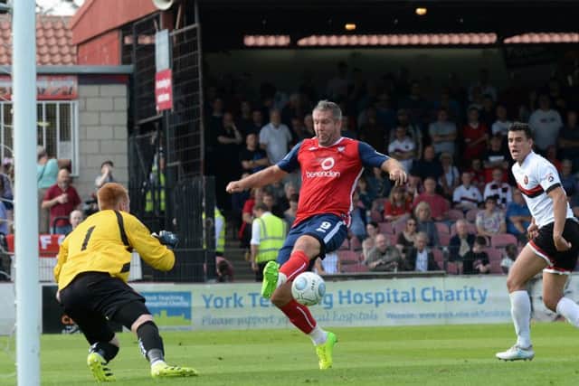Jon Parkin misses an attempt on goal for 
York City against FC United of Manchester. Picture: Bruce Rollinson.