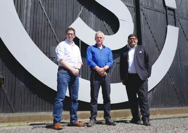 Paul Mack, director, Gent Visick; Mark Johnson, CEO, Stage One; and Simon Mydlowski, partner, Gordons; at Stage One Creative Services on Marston Moor Business Park.