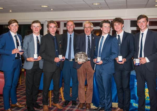 East Riding, l-r, Lewis Hunt, Jack Maxey, Joe Allenby, Steve Raybould (Junior Organiser), Steve Thornton (President), Ben Ratcliffe, Tom Duck and Oliver Beckett after their victory in the Yorkshire Inter-District Unions six-man junior championship at Sitwell Park.