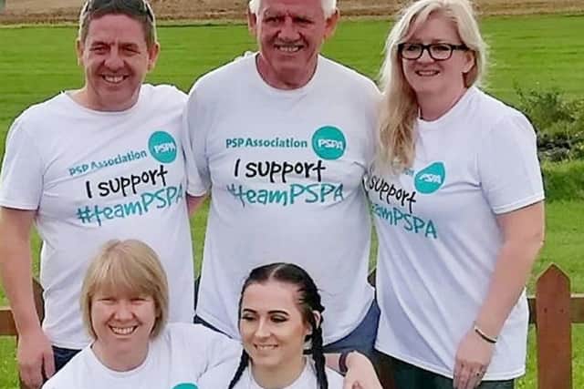 Top (L-R) Graham Dean, Geoff Dean & Joanne Ferguson, Bottom (L-R) Claire Castle & Dana Ferguson. Three generations of the same family took to the air to raise money for research into a rare degenerative disease by taking part in a family skydive.