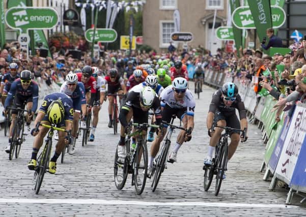 Australia's Caleb Ewan, left, wins the first stage of the Tour of Britain from Norway's Edvald Boasson Hagen, Norway's Alexander Kristoff and Italy's Elia Viviani, right, in Kelso yesterday.
