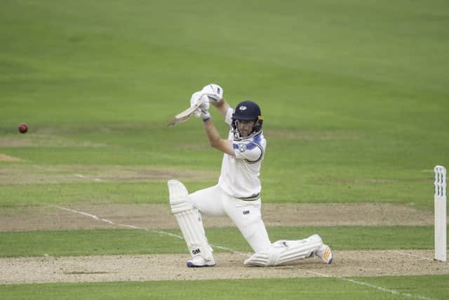Yorkshire's Adam Lyth drives one through extra cover at Headingley on day two against Middlesex. Picture by Allan McKenzie/SWpix.com