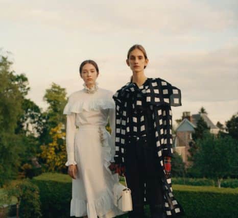 Frill dress and pane check coat, Christopher Kane's Resort '18 collection, shot in and about Charles Rennie Mackintoshs Hill House in Helensburgh.