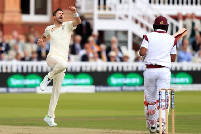 ON YOUR WAY: James Anderson takes the wicket of West Indies' opener Kraigg Braithwaite. Picture: Adam Davy/PA