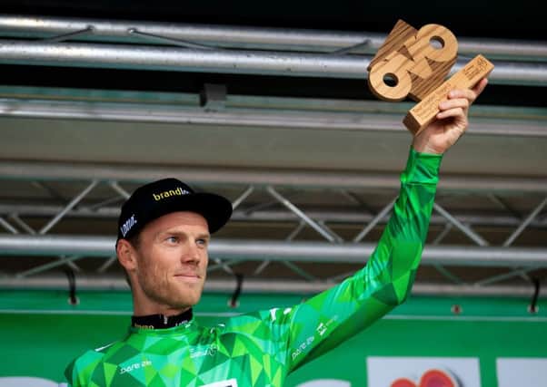 Jumbo Lars Boom celebrates after winning the stage and becoming the tour leader during stage five of the OVO Energy Tour of Britain. Picture: John Walton/PA