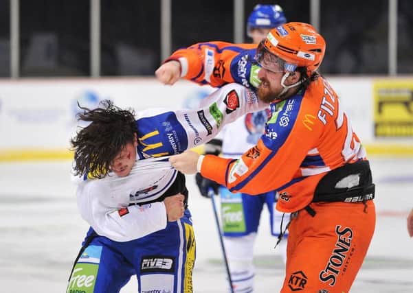 DOUBT: Zack Fitzgerald, seen fighting in last week's exhibition game against Coventry Blaze, is an injury concern for Sheffield Steelers this weekend. Picture: Dean Woolley.