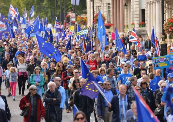 Protesters make their way along Piccadilly during of a pro-EU People's March For Europe in London.