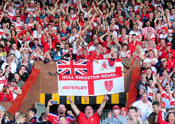 Hull KR fans celebrate being promoted to the Super League.  Picture by Simon Hulme