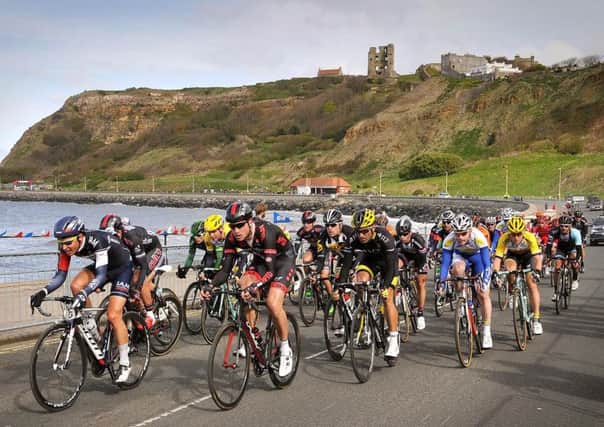 Tour de Yorkshire cyclists ride to the finish at Scarborough's North Bay. pic Richard Ponter 151726a