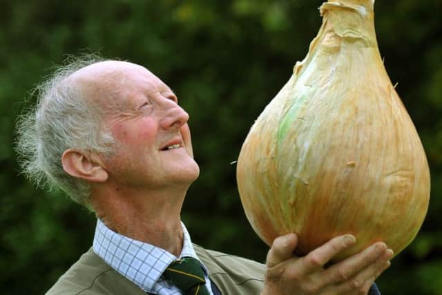Peter Glazebrook from Newark with his heaviest onion at 14.69lb's - winner of the heaviest onion competition  at the Harrogate Autumn Flower Show.