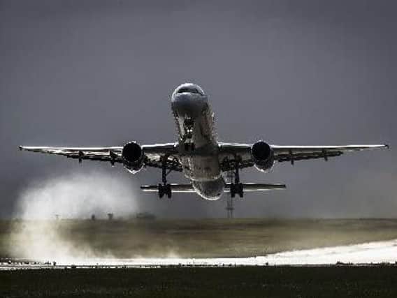A plane takes off from Leeds Bradford Airport