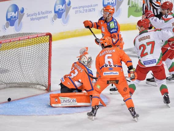 Cardiff Devils get nthe go-ahead goal at Sheffield Arena.