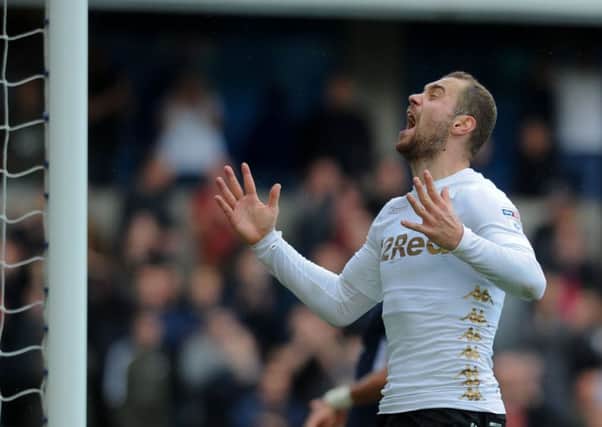 Off-target: Leeds United's Pierre-Michel Lasogga shows his frustration at Millwall.
Picture: James Hardisty
