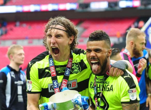Huddersfield Town v Reading, Championship Play-Off Final, Wembley, London.. Huddersfield Town players Michael Hefele and Elias Kachunga celebrate being promoted..29th May 2017 ..Picture by Simon Hulme