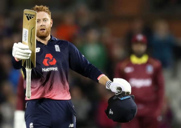 England's Jonny Bairstow celebrates his century against the West Indies at Old Trafford. The Yorkshireman scored 100 not out for England in their ODI win (Picture: Martin Rickett/PA Wire).