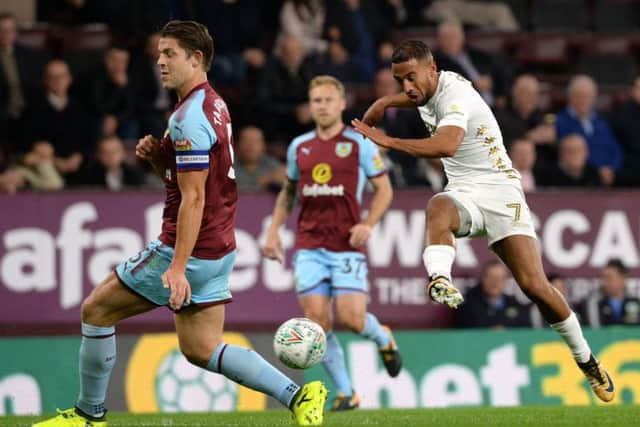 Kemar Roofe fires in a shot.
Burnley at Turf Moor..  Picture Bruce Rollinson