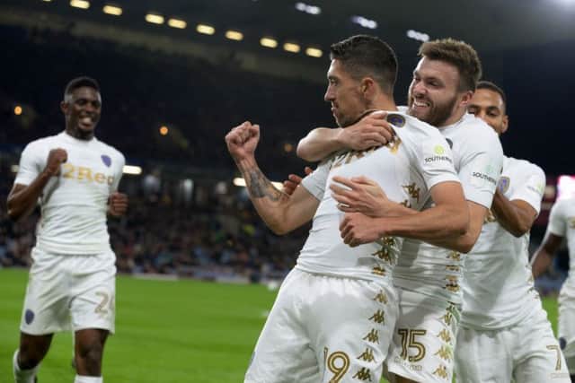 Pablo Hernandez celebrates scoring Leeds second goal from the penalty spot.   Picture Bruce Rollinson