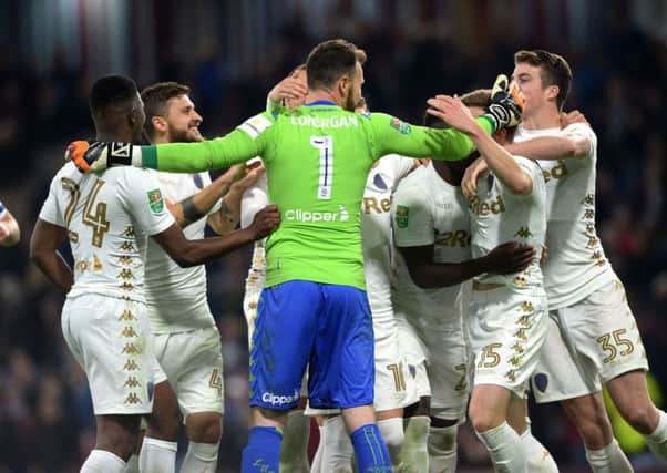 Victory: Leeds United players celebrate beating Burnley.
Picture: Bruce Rollinson